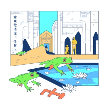 A whimsical scene of frogs hopping around an ancient Egyptian palace