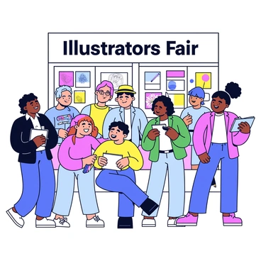 A group of illustrators with diverse appearances is gathered at a fair. Each illustrator is engaged in conversation while holding their sketchbooks and pens. Some are sharing their artwork, showcasing various styles such as cartoon, realism, and abstract designs. The setting includes colorful booths displaying art supplies and prints in the background. A banner that reads "Illustrators Fair" is prominently displayed above the scene. The atmosphere is lively with people exchanging ideas and laughter.