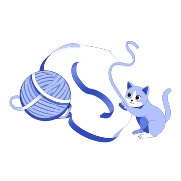 A ball of yarn is tangled into the shape of an error symbol, with loose strands extending in various directions. Nearby, a playful kitten is sitting, its eyes wide with curiosity as it watches the yarn. The kitten has soft fur and is playfully pawing at the loose ends of the yarn, ready to pounce. The scene captures the whimsical interaction between the kitten and the tangled yarn.