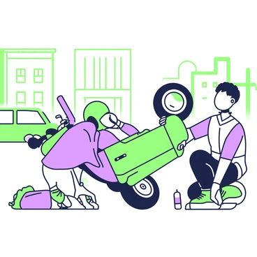 A passerby is assisting a rider in picking up a fallen moped after a minor spill. The rider is wearing a helmet and protective gear, kneeling beside the moped, which is on its side on the ground. The passerby, dressed in casual clothing, is crouched down, gripping the handlebars of the moped. Nearby, there are a few scattered personal items such as a backpack and a water bottle. The setting is a city street with a few buildings and parked cars in the background, creating a sense of urgency as they work together.