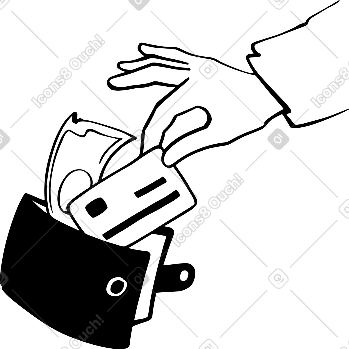 Illustration La main sort une carte bancaire d'un portefeuille dans le style Line à télécharger aux formats PNG, SVG