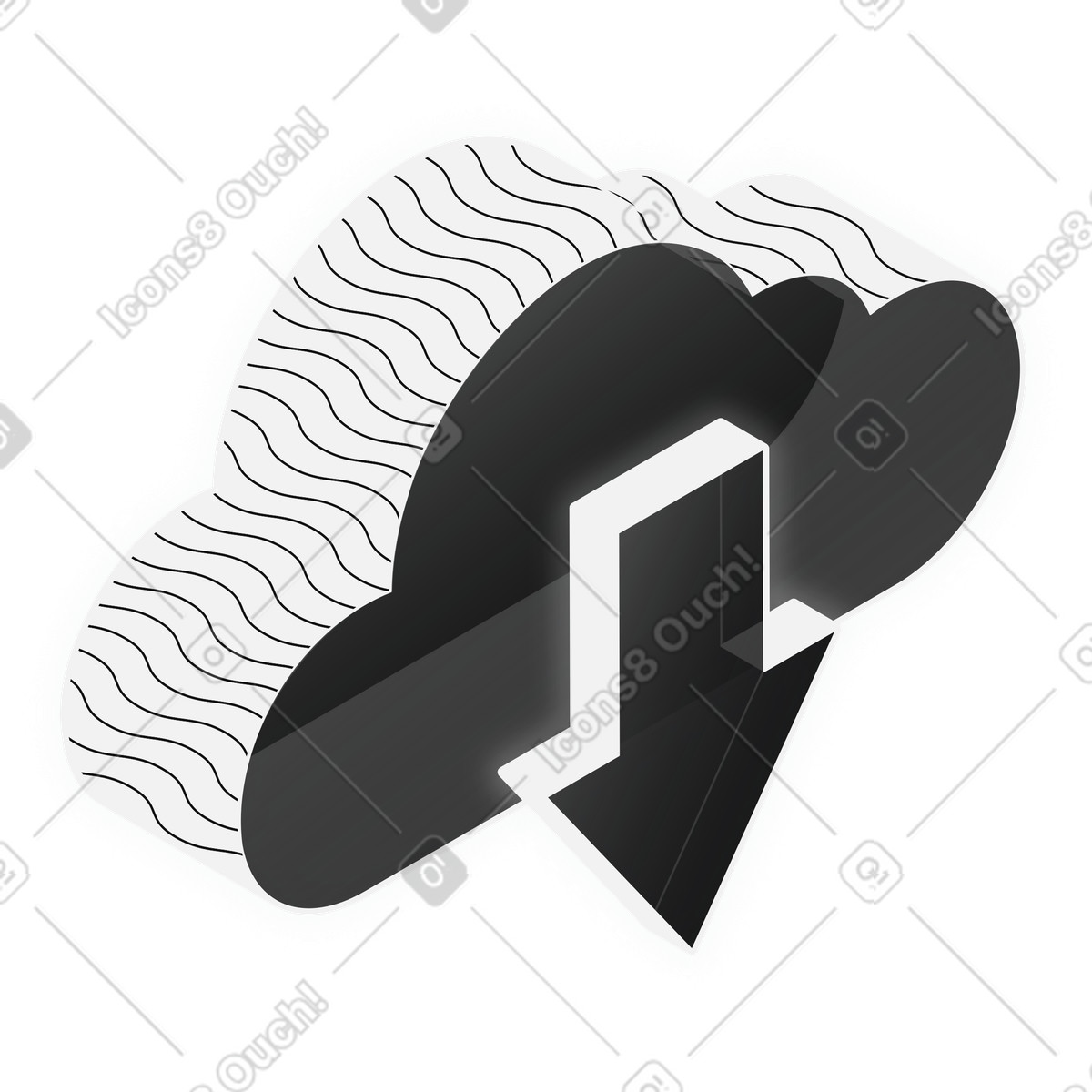 Black cloud with download arrow, digital file transfer and storage illustration in Inverse style in PNG, SVG