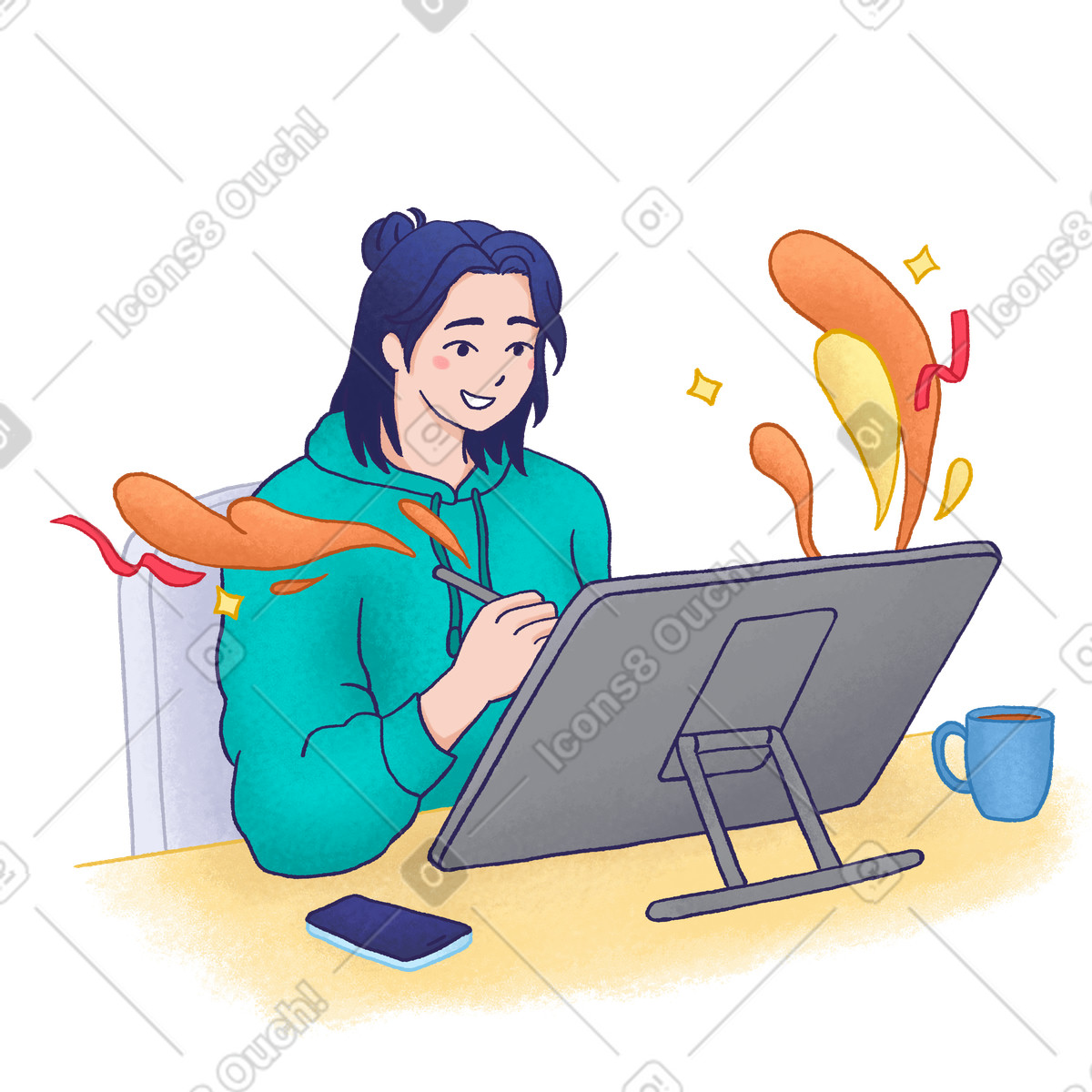 Young woman drawing on graphic tablet illustrazione in stile Hue scarica in PNG, SVG