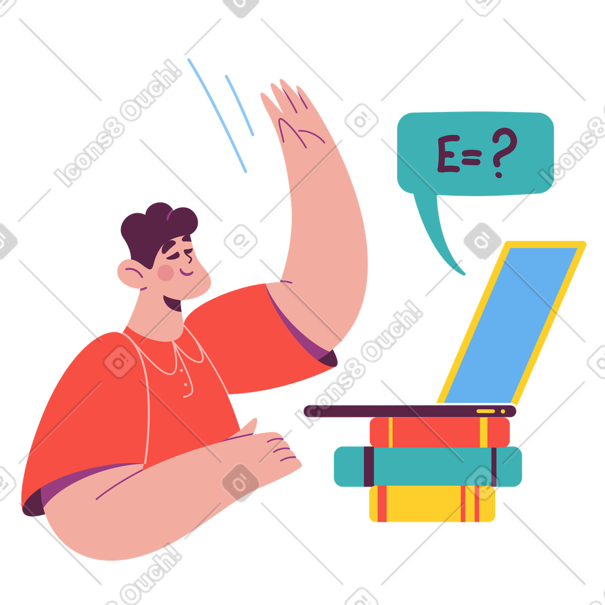Student raising hand during online lesson, Remote learning or E-learning illustration in Sammy style download in PNG, SVG