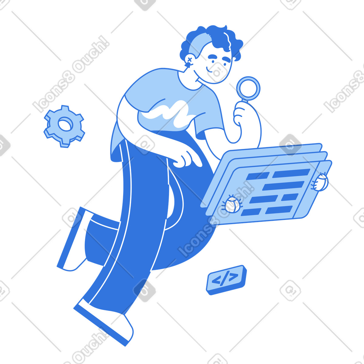 Engineer searching for bugs in source code, Code review and debugging illustration in PNG, SVG