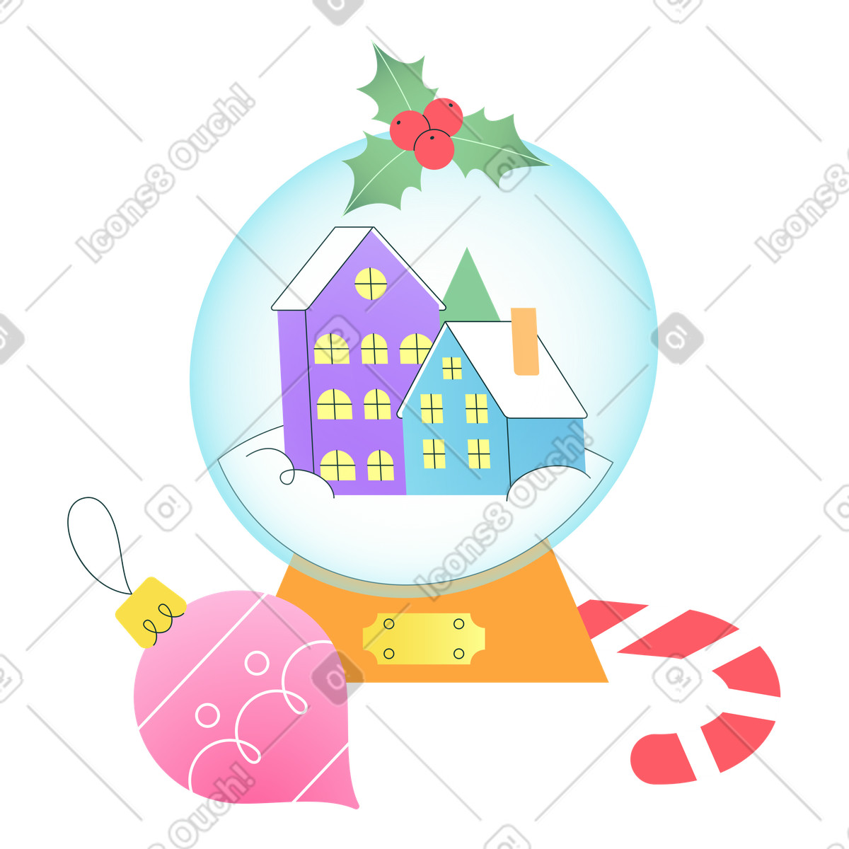 Snow globe with ornament and candy cane, Festive winter celebration-Illustration im Florid-Stil als Download in PNG, SVG