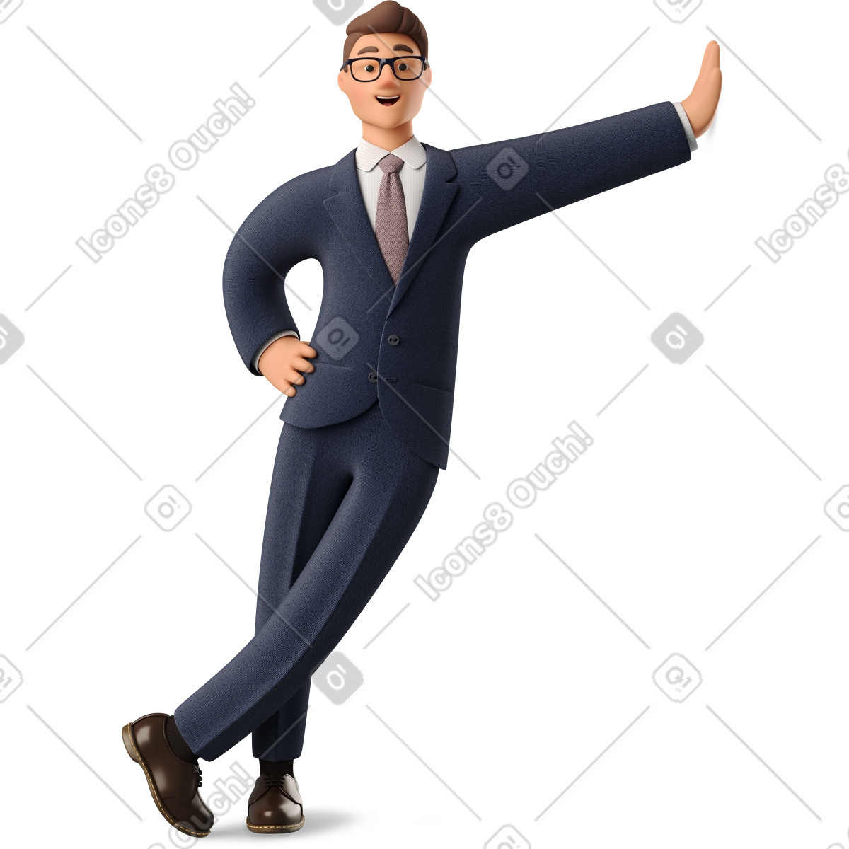 Businessman in blue suit leaning hand on wall illustration 3D Business style download PNG, SVG