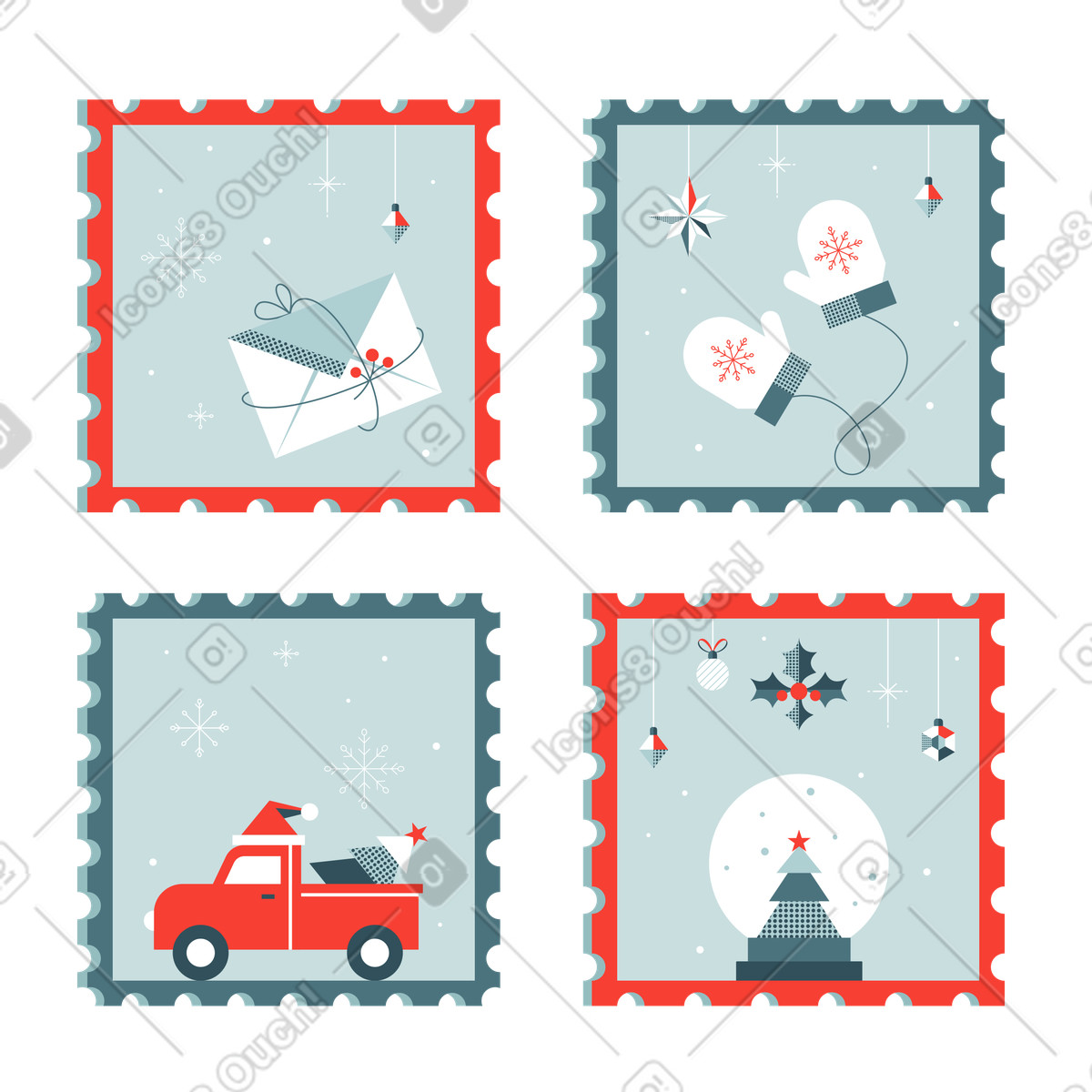 Weihnachtsbriefmarken mit feiertagsartikeln-Illustration im Nordic-Stil als Download in PNG, SVG