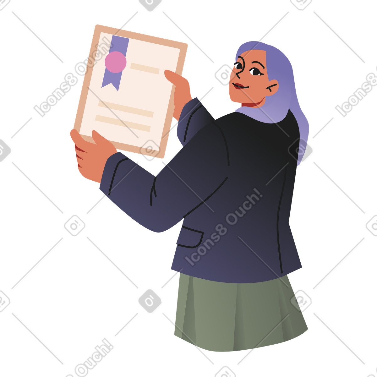 Ilustração de Mulher feliz segurando diploma na formatura em no estilo Coworking para baixar em PNG, SVG