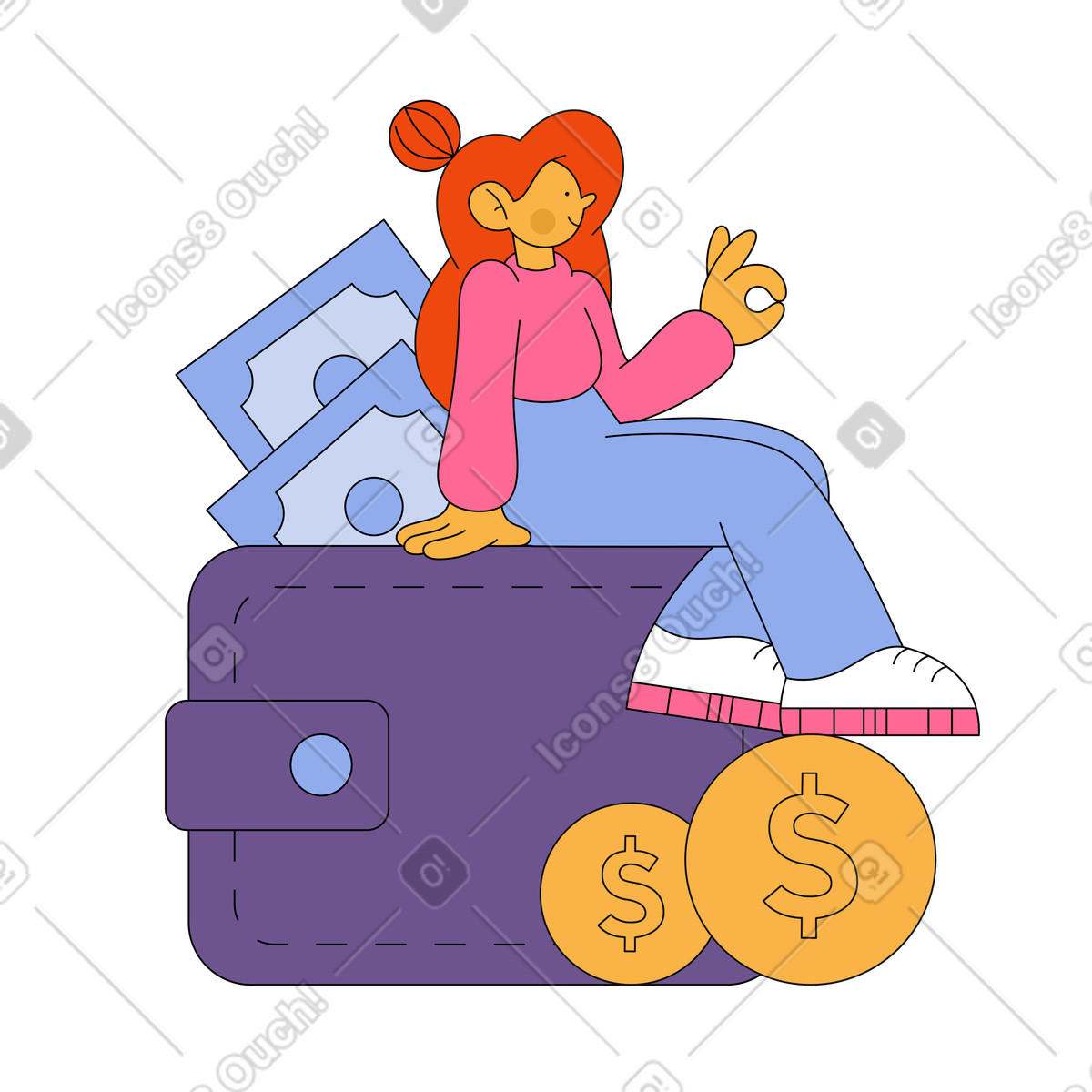 Mädchen, das auf brieftasche mit geld sitzt-Illustration im Bloom-Stil als Download in PNG, SVG