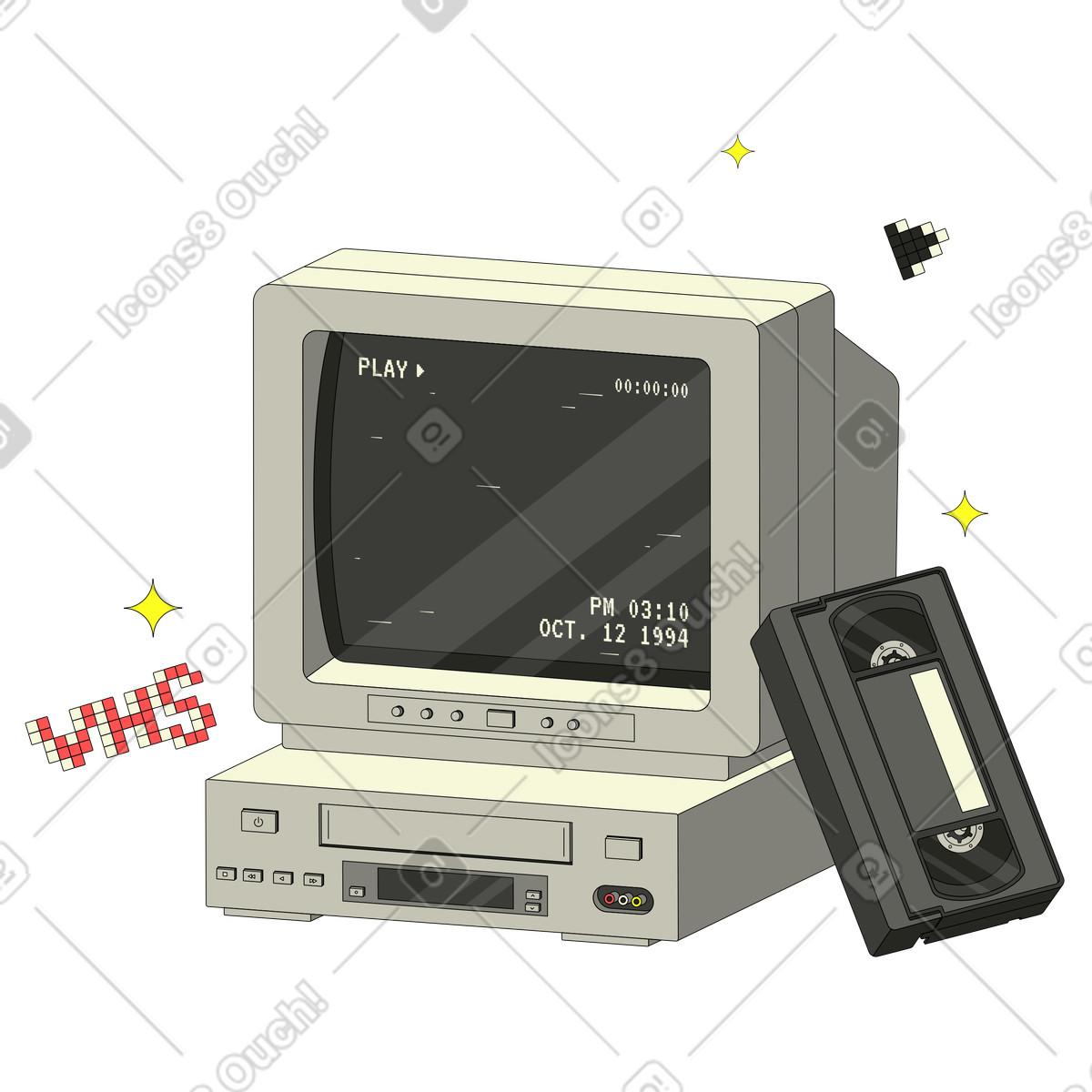 Ilustração de Leitor videocassete retrô dos anos 90 e fita vhs em no estilo Retro para baixar em PNG, SVG