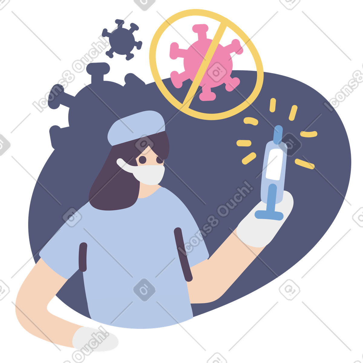 Woman doctor wearing a mask and gloves shows syringe of coronavirus vaccine illustration in Pluto style download in PNG, SVG