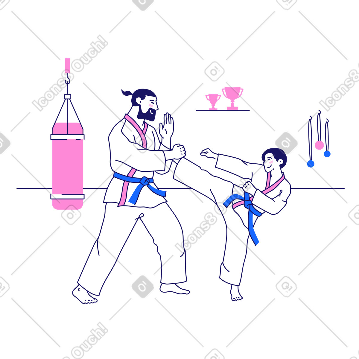 Child and his trainer do karate illustration in Matey style download in PNG, SVG