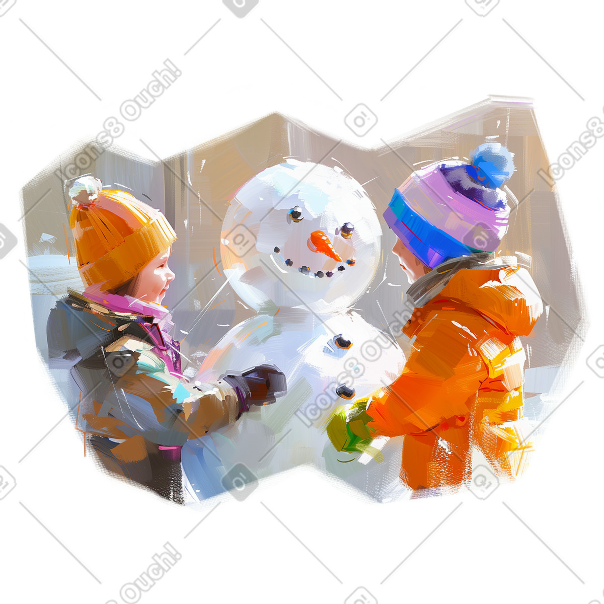 Oil painting of kids building a snowman illustration in Pictorial style download in PNG, SVG