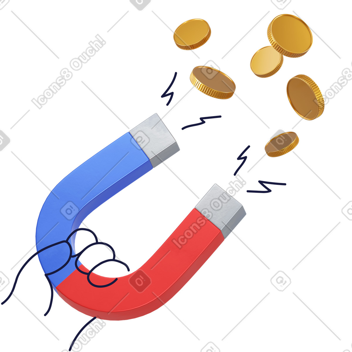 Ilustración Horseshoe magnet attracting coins, Financial growth and revenue boost en estilo 3D Surfaced a descargar en PNG y SVG
