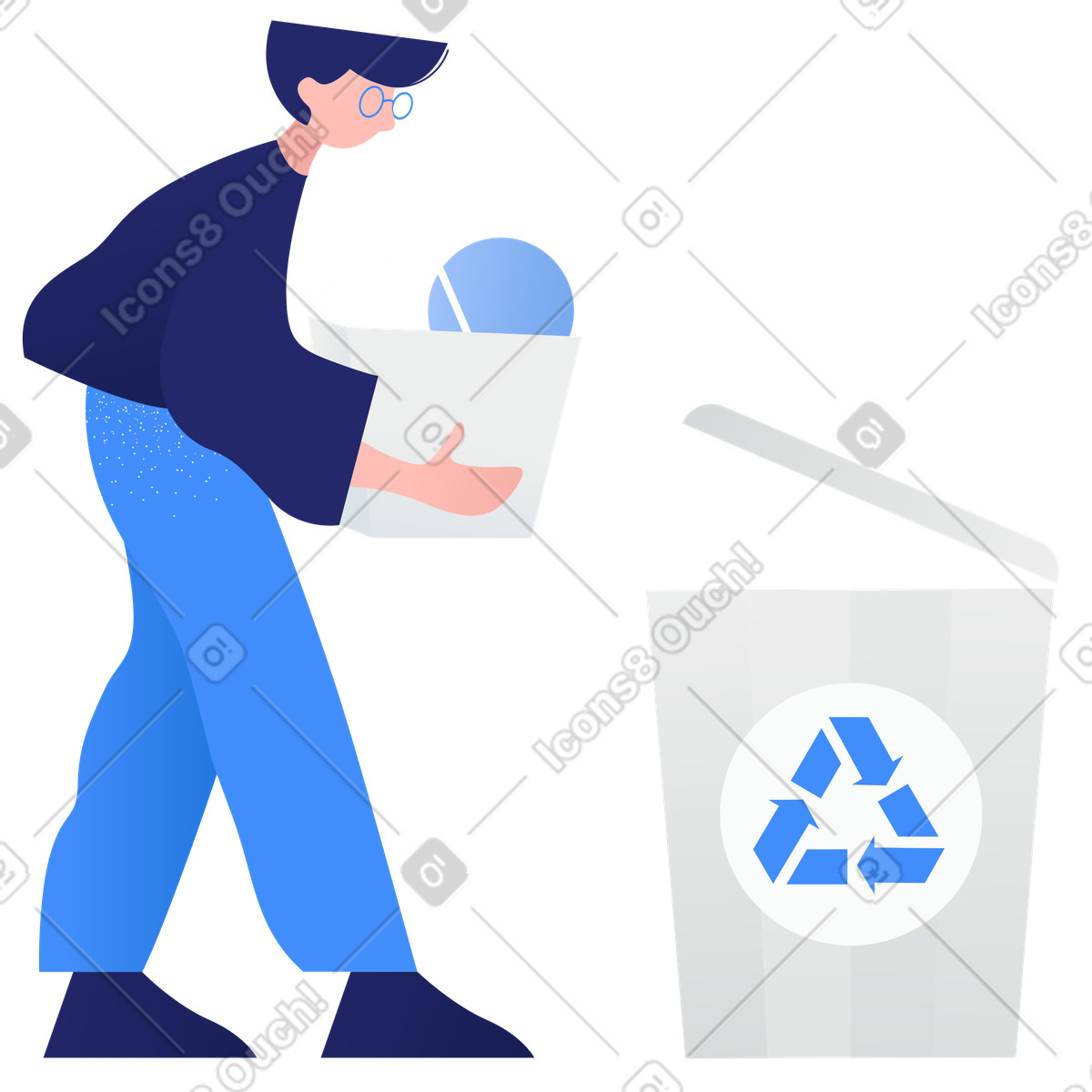 Ilustração de Homem colocando lixo na lixeira reciclagem em no estilo Clip para baixar em PNG, SVG