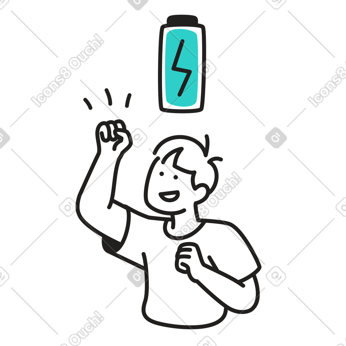 Smiling person with arm raised and battery icon, Feeling energized or enthusiastic illustration in Little style download in PNG, SVG