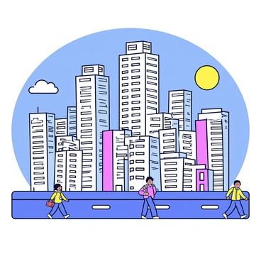 A bustling cityscape filled with numerous skyscrapers. Each skyscraper is uniquely formed from towering stacks of invoices, creating a textured surface that resembles a paper-like structure. The buildings stand tall against a bright blue sky, emphasizing their height. In the foreground, small cartoon figures walk along the street, with some holding briefcases, adding life to the scene. The background features a sun peeking through the buildings, casting playful shadows on the streets below.