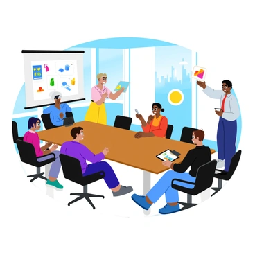 An illustrator stands in a sleek conference room, surrounded by modern furniture. The room features a large rectangular table made of polished wood, with stylish black chairs arranged around it. The walls are adorned with large windows letting in natural light, offering a view of a city skyline. The illustrator, dressed in a smart-casual outfit, holds a digital tablet displaying colorful illustrations. The clients, seated at the table, are attentively looking at the screen. A projector is displaying additional visuals on the wall behind the illustrator, showcasing various project ideas. The atmosphere is focused and professional.