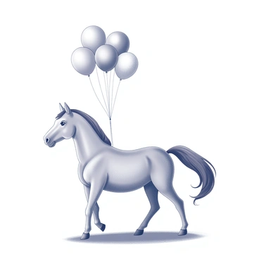 A horse standing on a grassy field. The horse has a shiny coat and a long flowing mane. Its tail is tied to a bunch of balloons, which are floating above, each balloon in a different shape and size. The scene captures the playful interaction between the horse and the colorful balloons, adding a sense of whimsy. The background features a clear sky, enhancing the lighthearted atmosphere of the image.