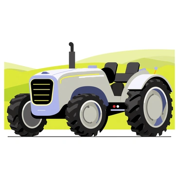 A futuristic tractor with a streamlined body showcasing sleek, aerodynamic lines. The tractor's surface has a metallic finish that reflects light, highlighting its advanced technology features. It is equipped with large, innovative wheels designed for various terrains, featuring an intricate tread pattern. The front of the tractor has a high-tech display panel with glowing controls and dials. There are visible sensors and cameras mounted around the vehicle for enhanced functionality. A bright LED light bar is integrated into the design, providing illumination for night operations. The background shows a green field with rolling hills, emphasizing the tractor's agricultural purpose.
