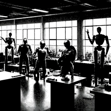 A factory is filled with retro-styled robots in various stages of assembly. The robots have angular bodies and shiny metallic surfaces, featuring whimsical designs reminiscent of classic science fiction. The environment is illuminated by bright neon lights, casting striking contrasts and highlighting the intricate details of the robots. Tools and mechanical parts are scattered throughout the factory, and workers in uniforms are seen diligently assembling the robots. Large windows allow a view of the bustling city outside, integrating the factory into a lively urban setting.