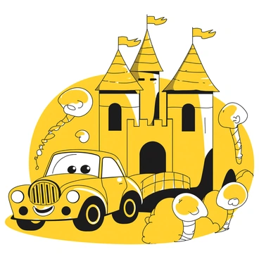 A cartoon car with exaggerated features and large round wheels is driving through a magical castle. The car has a friendly expression on its front, with big eyes and a smiling grille. The castle features tall towers with pointed roofs and decorative flags fluttering at the tops. A drawbridge is lowered over a moat, connecting the car to the castle entrance. Surrounding the castle are whimsical trees with spiraling trunks and oversized leaves. The scene is filled with cheerful details that emphasize the enchanting atmosphere of this magical location.