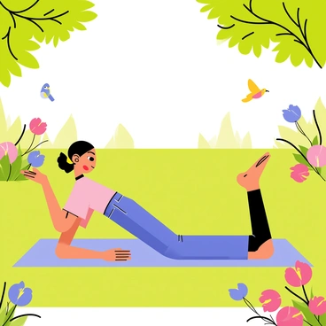 A peaceful garden setting with vibrant green grass and colorful flowers blooming all around. In the center, a person is lying on their side on a soft yoga mat. They are wearing comfortable workout clothes and concentrating on their side-lying leg raises. The sunlight filters through the leaves of nearby trees, casting gentle shadows on the ground. A small bird is perched on a nearby branch, while butterflies flutter gracefully around the flowers, adding to the serene atmosphere. 
