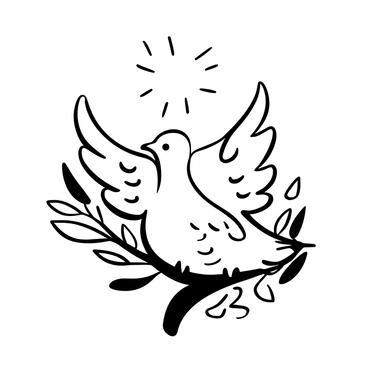 A dove perched on an olive branch, surrounded by delicate leaves. The dove has outstretched wings, and above it, a radiant halo shines brightly. The branch is thick and textured, conveying a sense of stability. The scene is filled with intricate details such as the patterns on the dove's feathers and the veins in the leaves of the olive branch.