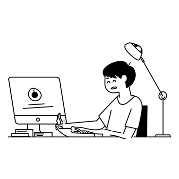 A teenager sitting at a desk with a focused expression, clicking a computer mouse with frustration. The desk is cluttered with books and papers. The teenager has short hair and is wearing a casual t-shirt. The computer screen in front of them displays a spinning loading icon, indicating a delay. Their other hand is resting on the keyboard, and the room is dimly lit, with a lamp casting a soft light over the workspace.