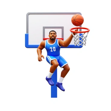 An athlete in mid-air, wearing a professional basketball uniform, is performing a slam dunk. The athlete has an intense expression and is fully extended, with one hand gripping the basketball above the rim. The basketball hoop is visible in the background, with the net slightly swaying from the force of the dunk. The scene is dynamic, emphasizing the athlete's muscular build and athletic form, as well as the movement and energy of the moment. The surrounding area is slightly out of focus, drawing attention to the athlete's focus and determination. The composition is suitable for a sports magazine cover, with ample space for a magazine title at the top.