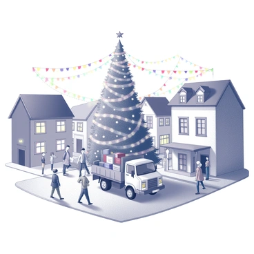A village square bustling with activity during a festive celebration. In the center stands a large Christmas tree, adorned with ribbons and decorations, radiating a sense of joy. Nearby, a truck is parked, partially loaded with additional festive supplies and decorations. Surrounding the square, quaint buildings create an inviting atmosphere, their windows decorated with holiday lights. Colorful ribbons are strung across the square, adding a vibrant touch to the scene. People of various ages are gathered, some admiring the tree, while others engage in cheerful conversations.