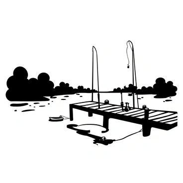A wooden fishing dock extending into a calm lake. The dock is lined with fishing rods leaning against the posts, and there are several small boats moored alongside it. The surface of the lake reflects the light of the sunrise, creating a serene atmosphere. Silhouettes of trees can be seen in the background, framing the tranquil scene. A few ripples can be seen on the water's surface, adding a subtle texture to the calmness of the lake.