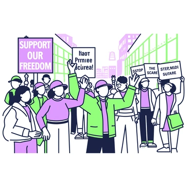 A street protest is taking place, filled with a diverse group of people. Some individuals are holding signs that read "Support Our Freedom" in bold letters, while others display signs stating "Stop the Red Scare" with an emphatic font. The crowd is a mix of men and women of various ages, some wearing hats and jackets, and others in casual attire, showing a sense of urgency and passion for their cause. In the background, there are buildings with large windows and a clear sky above. The atmosphere is charged with energy as people shout slogans and express their viewpoints.