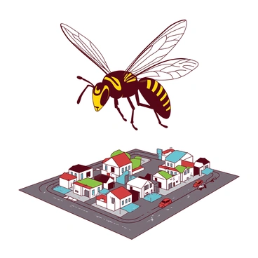 An exaggeratedly large hornet with intricate yellow and black stripes is hovering above a miniature model cityscape. The hornet's wings are spread wide, displaying detailed veining and a translucent quality. Below, the cityscape features tiny buildings made of plastic, complete with colorful roofs and small windows. Roads are neatly arranged between the buildings, and tiny vehicles can be seen parked along the streets. The perspective emphasizes the massive size of the hornet in relation to the delicate features of the city, creating a striking visual contrast.
