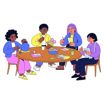 A group of four friends of diverse ethnicities sitting around a wooden table engaged in craft making. One friend, with curly hair, is painting a ceramic vase in a vibrant blue color. Another friend, with glasses, is cutting colorful paper into shapes with a pair of scissors. A third friend, with long straight hair, is gluing beads onto a handmade card. The last friend, with short hair and a smile, is arranging flowers in a small basket. Various craft supplies like paint, scissors, and beads are scattered across the table, along with a few completed projects.