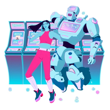 A young woman with dark hair styled in a ponytail, wearing a vibrant pink and blue bodysuit, is playfully dancing next to her large, robotic mech. The mech is a sleek design with bright colors, featuring bold pink accents and a cheerful face displayed on its front panel. The background is filled with an array of arcade machines, illuminated by colorful neon lights and flashing screens. Various arcade game graphics and tokens are scattered around, adding to the lively atmosphere of the scene.