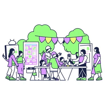 An outdoor community art event is taking place in Sheffield, filled with various illustrators showcasing their work. Each illustrator is at their own booth, presenting colorful illustrations on display boards. There are visitors walking around, some stopping to engage in conversation with the artists. Brightly colored banners hang above, adding vibrancy to the atmosphere. A few tables are set up with art supplies, where some children are drawing with enthusiasm. In the background, green trees provide shade, while small groups of people gather, enjoying the lively environment.