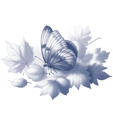 A butterfly is resting among a scattered arrangement of fallen autumn leaves. The leaves display various shapes and textures, showcasing intricate veins and edges as they lie on the ground. The butterfly has delicate wings that mimic the patterns and colors of the surrounding leaves, aiding in its camouflage. Sunlight filters through the trees above, casting soft shadows on the scene, enhancing the interplay between the butterfly and its environment.