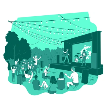 A teal outdoor concert scene is filled with a lively crowd enjoying the music. The audience is swaying and dancing under a canopy of white fairy lights that hang overhead, creating a festive atmosphere. The stage in front features a band playing energetically, with instruments visible and musicians engaging with the audience. There are people sitting on the grass, while others stand near the stage, all expressing joy as they listen to the performance. The atmosphere is vibrant and filled with energy.