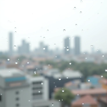 Raindrops trickling down a window, with a blurred cityscape in the background.