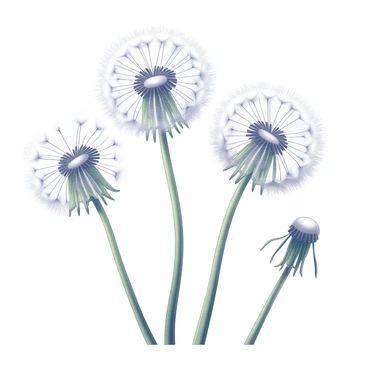 A close-up view of dandelions in full bloom. Each dandelion is adorned with numerous white seed heads, fluffy and delicate, ready to be carried away by the wind. The fine, wispy filaments of the seeds catch the light, creating a soft texture. The stems of the dandelions are green and sturdy, contrasting with the ethereal quality of the seeds above. The background is softly blurred, emphasizing the intricate details of the dandelions and their seeds.