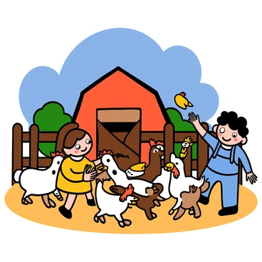 A group of children is playing with various farm animals in a sunny barnyard. There are two light-skinned children: a girl with big eyes and long brown hair wearing a yellow dress, and a boy with big eyes and curly hair wearing a blue shirt and overalls. They are surrounded by goats, chickens, and a friendly dog. The girl is gently petting a goat, while the boy is throwing feed to the chickens. In the background, a red barn stands under a clear blue sky, and a wooden fence encloses the area. Sunlight casts warm shadows, creating a cheerful atmosphere.