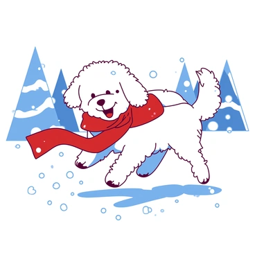 A white cavapoo with fluffy fur is frolicking in freshly fallen snow. The dog is wearing a bright red scarf that flutters in the winter breeze. Snowflakes are gently falling around the cavapoo as it playfully leaps through the snow, leaving small paw prints behind. In the background, there are snow-covered trees, adding to the wintry scene.