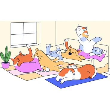 A room with light-colored walls and a hardwood floor. Several cats in various humorous poses are performing the cat-cow stretch. One cat is arching its back while looking up at the ceiling with wide eyes. Another cat has its belly to the ground, stretching its front legs forward with its tail happily curled upwards. A third cat is playfully perched on a nearby couch, attempting to mimic the stretch with one leg in the air. A fluffy orange cat lounges on a rug, yawning exaggeratedly while in a stretch. A small potted plant sits in the corner of the room, adding a touch of greenery to the scene. Each cat displays a distinct personality, making the scene lively and fun.