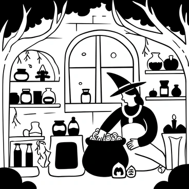 A medieval witch with long, flowing hair is stirring a large cauldron in her forest hut. The cauldron is filled with swirling potions that have varied shapes and forms. Wooden shelves around her are lined with glass jars containing mysterious ingredients. A large, gnarled tree branches through the window, casting shadows on the stone walls. Various herbs and plants hang from the ceiling, adding to the atmosphere of the hut. A flickering candle sits on a nearby table, illuminating the space with a warm glow.