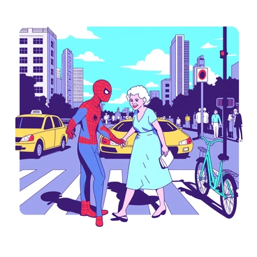 A red and blue Spider-Man is assisting an elderly woman in crossing a busy city street. The woman, wearing a light blue dress and carrying a white handbag, is smiling appreciatively as she holds onto Spider-Man's outstretched hand. The background features bustling city life, with various pedestrians and traffic moving in both directions. Skyscrapers loom in the distance under a bright blue sky filled with fluffy white clouds. A yellow taxi cab speeds by in front of them, while a teal bicycle leans against a street pole nearby.