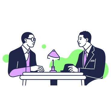 Malcolm X and Elijah Muhammad are seated across from each other at a small, round table. Malcolm X is wearing a dark suit with a white shirt and a tie, his glasses resting on the bridge of his nose. He has a focused expression, leaning slightly forward as he engages in conversation. Elijah Muhammad is also dressed in a suit, with a fedora hat placed next to him on the table. He has a calm demeanor, listening intently while resting his hands on the table. The background features muted tones, emphasizing the seriousness of their discussion. A small lamp is placed on the table, casting a soft glow that highlights their expressions.