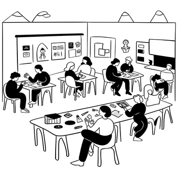 A spacious art studio filled with several tables where participants are actively drawing illustrations. Each table has sheets of paper and various drawing tools scattered across it. Some participants are focused on sketching characters, while others are working on colorful backgrounds. The walls are adorned with hanging artworks and inspirational pieces. In the center, there is a large whiteboard displaying quiz questions and prompts. Supplies like pencils, markers, and paintbrushes are arranged neatly for easy access. A few participants are engaged in discussions about their designs.