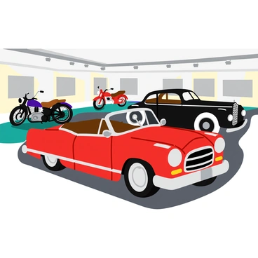 A spacious car museum exhibit featuring a variety of rare and historical vehicles. There is a vintage red sports car with shiny chrome accents parked in the center, showcasing its sleek design. Nearby, a classic black sedan with whitewall tires is displayed, highlighting its elegant shape and polished finish. On one side, an antique motorcycle with intricate details and a leather seat adds to the collection. The exhibit is illuminated with bright lights, enhancing the glossy surfaces of the vehicles. In the background, large informational plaques provide details about the history and significance of each vehicle.